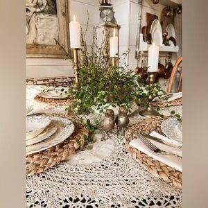 Artisan Farmhouse lace crochet boho table cloth w modern colonial granny vibe